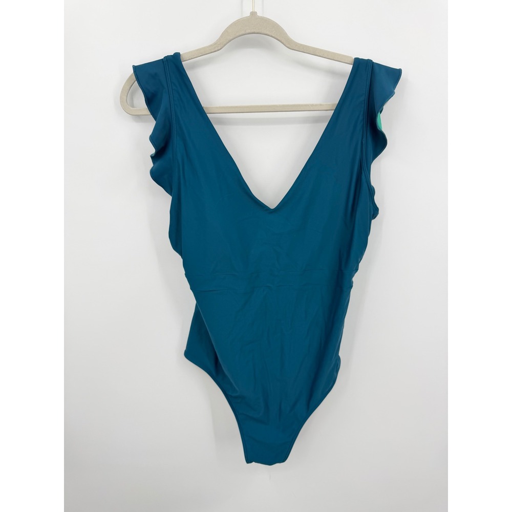 Summersalt The Ruffle Backflip One Piece Swimsuit Womens 16 Teal Blue V-Neck